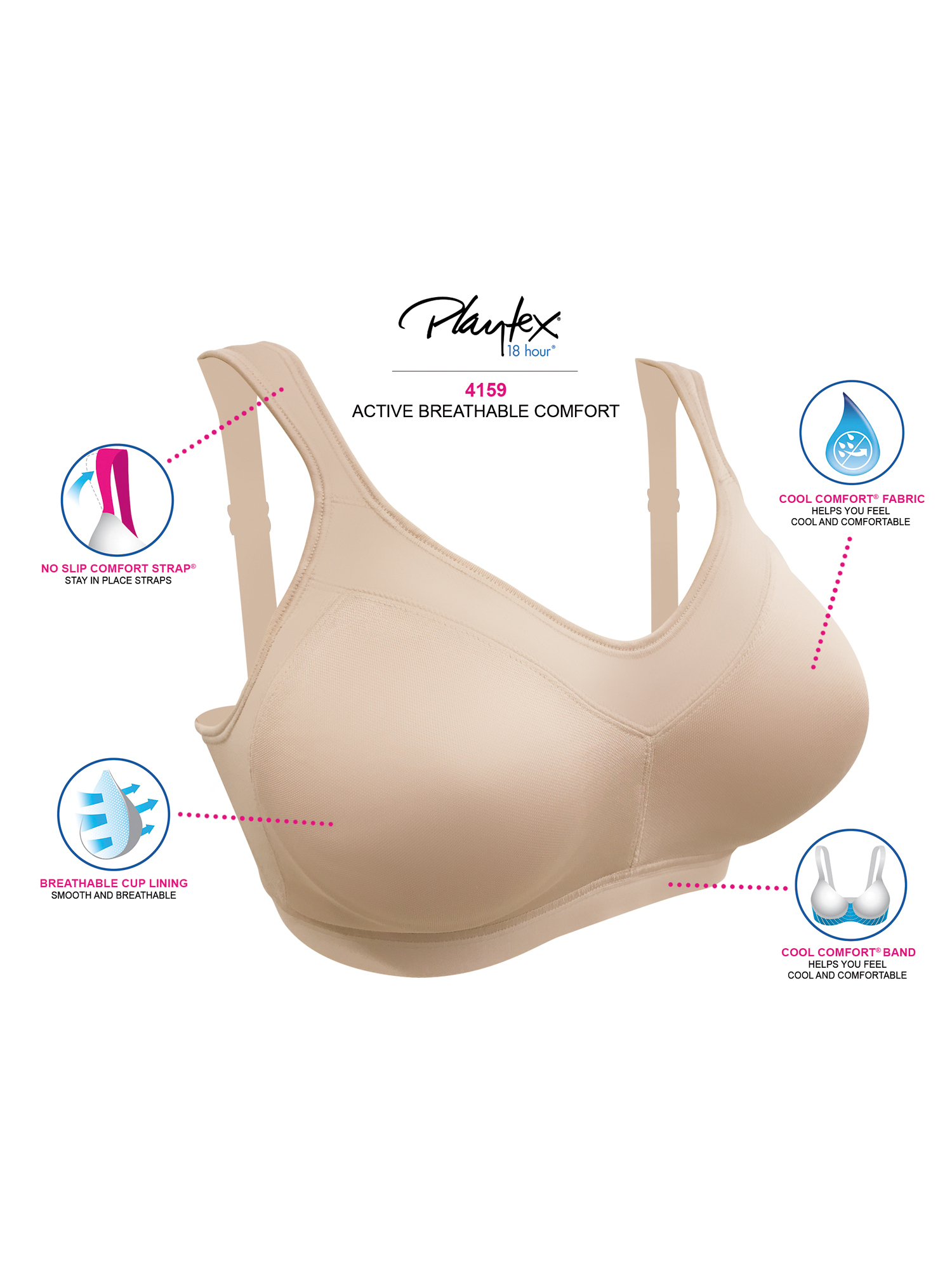 Playtex 18 Hour 4159 Active Lifestyle Wirefree Bra Size 36b White for sale  online