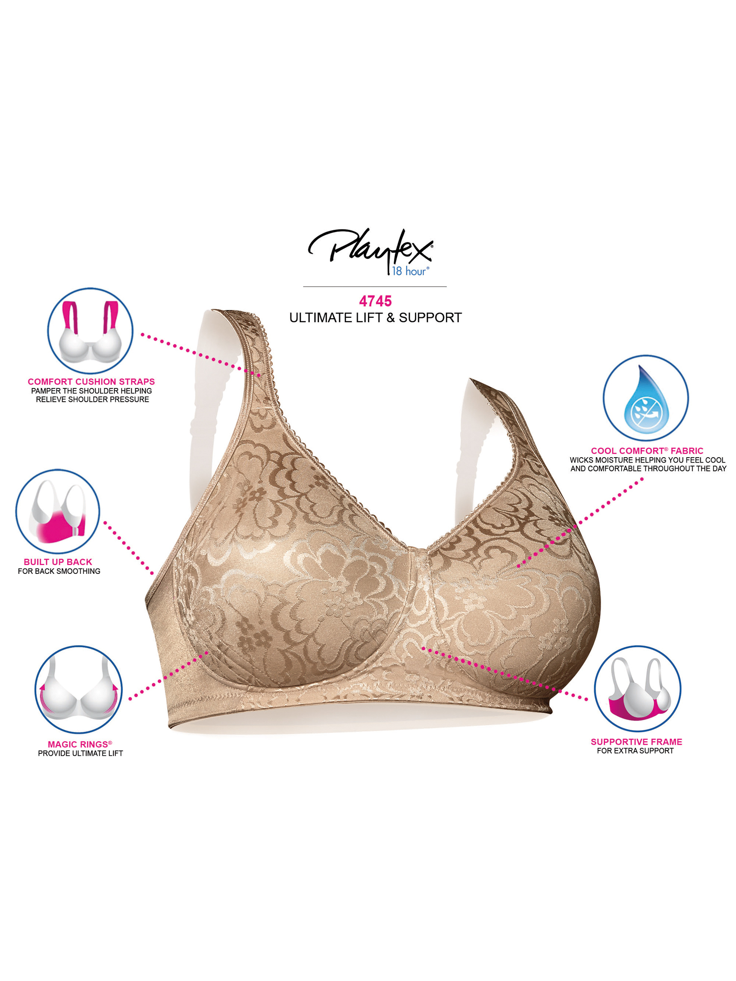 Playtex Playtex 18 Hour 4745 Lift and Support Bra, 46D - Natural